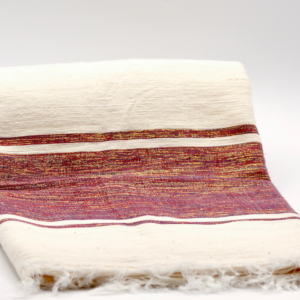 Cream and red handwoven cotton scarf with deep ruby woven details.