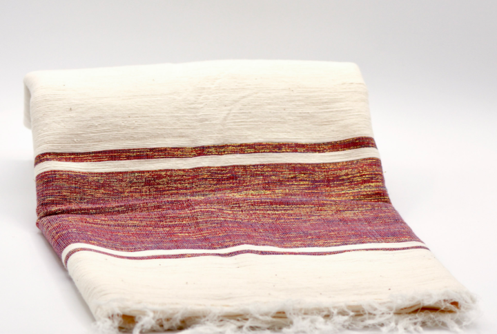 Cream and red handwoven cotton scarf with deep ruby woven details.
