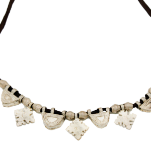 Single-strand silver necklace featuring handcrafted metal amulets on a dark brown leather strap, ethically made in Ethiopia.