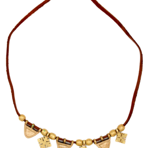 Single-strand gold necklace with hand-cut metal amulets and a medium brown leather strap, crafted by artisans in Ethiopia.