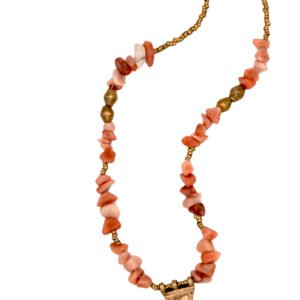 Handcrafted Ethiopian necklace with soft peach beads and gold-toned amulet accents.
