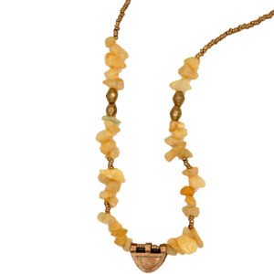 Handcrafted Ethiopian necklace featuring gold and amber-toned beads with traditional amulet design.