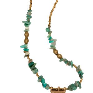 Handcrafted turquoise bead necklace with gold accents and amulet charm.