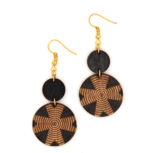 Hand-carved wooden earrings inspired by traditional Ethiopian woven baskets, featuring circular designs and intricate engraved patterns.