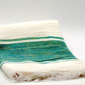 Handwoven cotton scarf in cream with rich green and gold woven stripes.