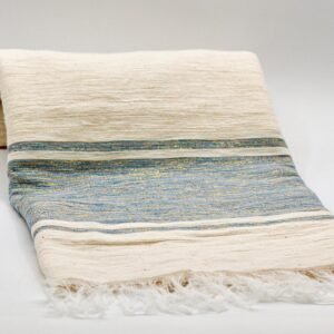 Light cotton scarf in cream with blue woven stripes, handmade in Ethiopia and Eritrea.